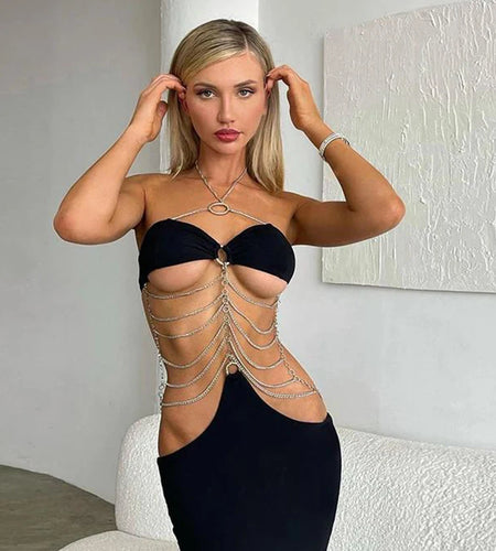 Pure Color Chain Halter Bandage Sleeveless Backless Revealing Slim Maxi Dress Fall Women Fashion Elegant Party Y2K