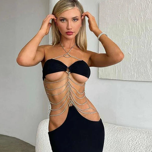 Load image into Gallery viewer, Pure Color Chain Halter Bandage Sleeveless Backless Revealing Slim Maxi Dress Fall Women Fashion Elegant Party Y2K

