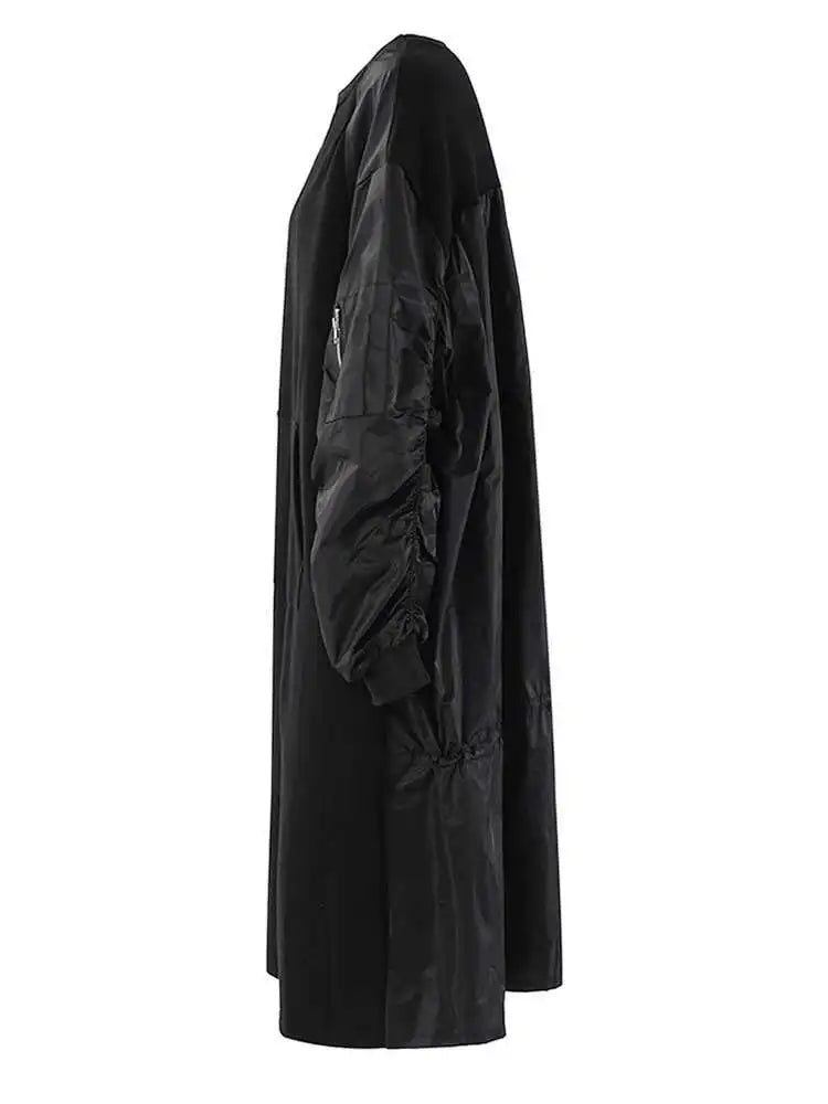 Women Army Green Color-block Big Size Midi Dress New Round Neck Long Sleeve Fashion Tide Spring Autumn 2025 CPG2092