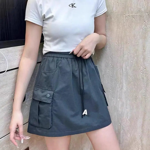 Load image into Gallery viewer, Korean Version Women Solid Drawstring Elastic Waist Lace-up Slim High Waist Work Short Skirt Summer Versatile Pockets Mini Skirt

