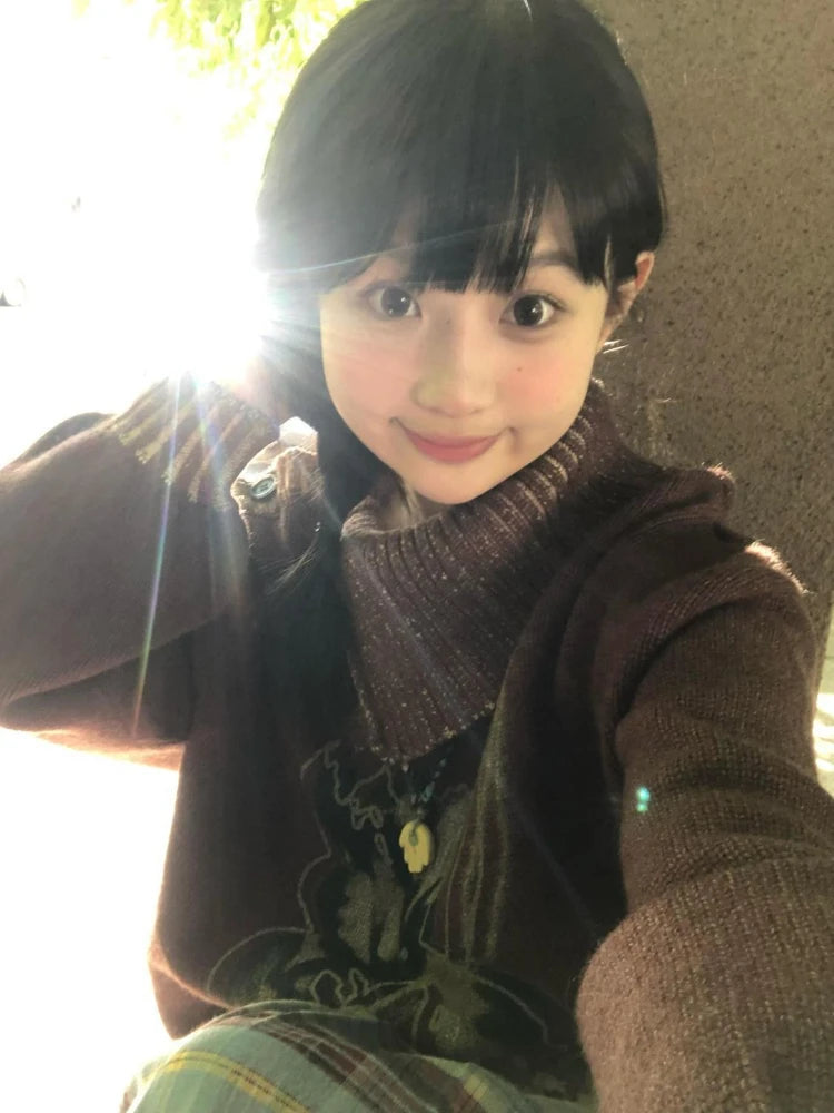 Loose Grunge Cartoon Flower Print Sweaters Y2k Aesthetic Vintage Knitted Pullovers Streetwear Patchwork Harajuku Women's Jumpers