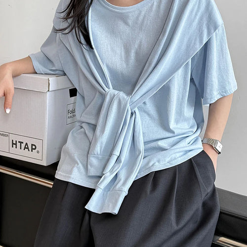 Load image into Gallery viewer, Women White Bandage Brief Big Size Casual T-shirt New Round Neck Half Sleeve Fashion Tide Spring Summer 2025 1DJ0722
