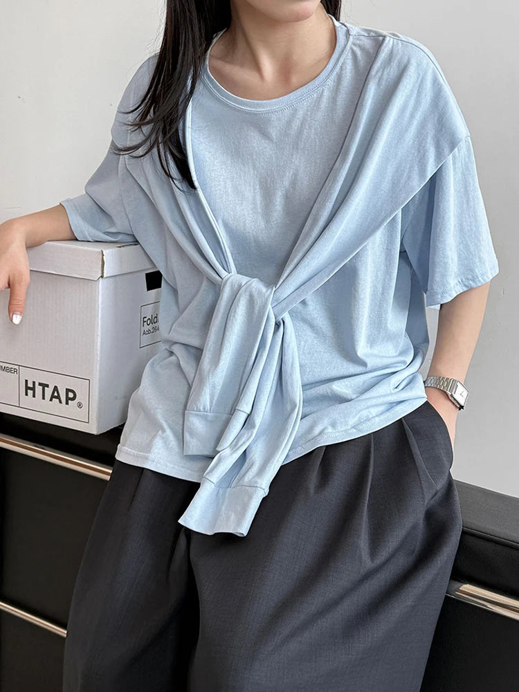 Women White Bandage Brief Big Size Casual T-shirt New Round Neck Half Sleeve Fashion Tide Spring Summer 2025 1DJ0722