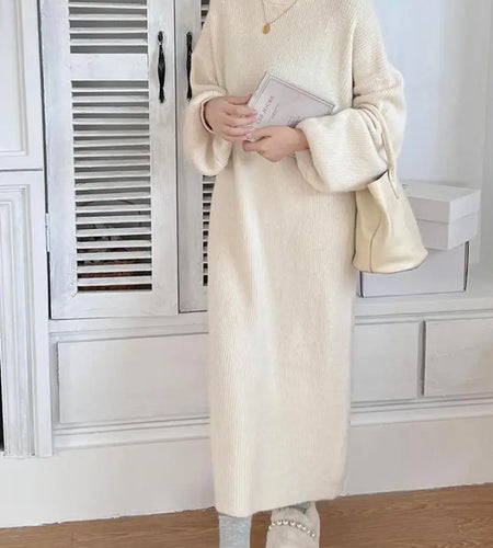 Fall Winter Knit Rib Wrap Midi Pencil Dress For Women Casual Simple Style Long Sleeve Turtleneck Sweater Dresses For Women 2023