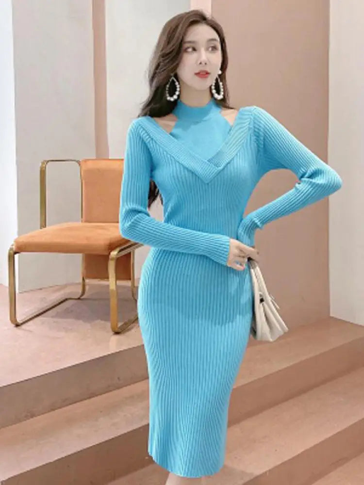 French Women Solid Elegant Festival Hollow Out Knit Dress Autumn Long Sleeve Slim Ladies Fashion Wrap Hip Dresses Clothing Trend