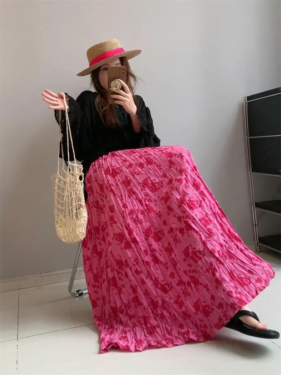 Spring Summer French Fashion Retro Rose Red Floral Elegant Slim Long Skirt Women Black High Waisted Vacation Half Skirt Bohemian