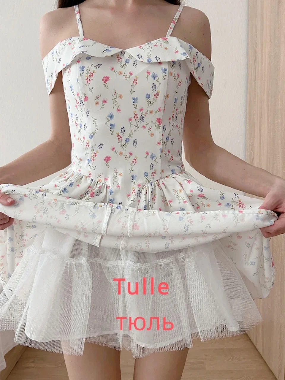 Fashion Summer Dresses 2024 Floral Print Short Party Dresses Off The Shoulder Tulle Dress A Line Women's Clothing