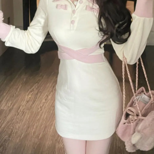 Load image into Gallery viewer, School Kawaii Mini Dress Preppy Style Mori Girl Student Polo Collar Bodycon Wrap Long Sleeve Short Dresses Autumn
