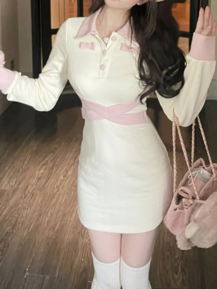 School Kawaii Mini Dress Preppy Style Mori Girl Student Polo Collar Bodycon Wrap Long Sleeve Short Dresses Autumn