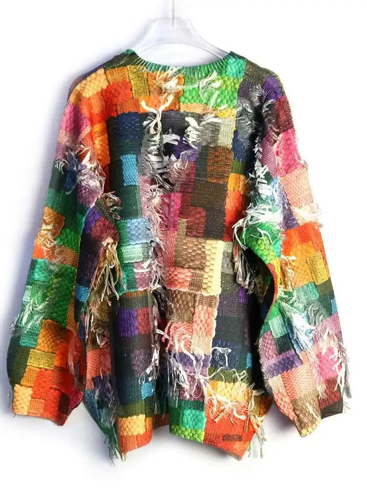 Orange Tassels Big Size Knitting Sweater Round Neck Long Sleeve Women Pullovers New Fashion Spring Autumn 2025 1DH8490