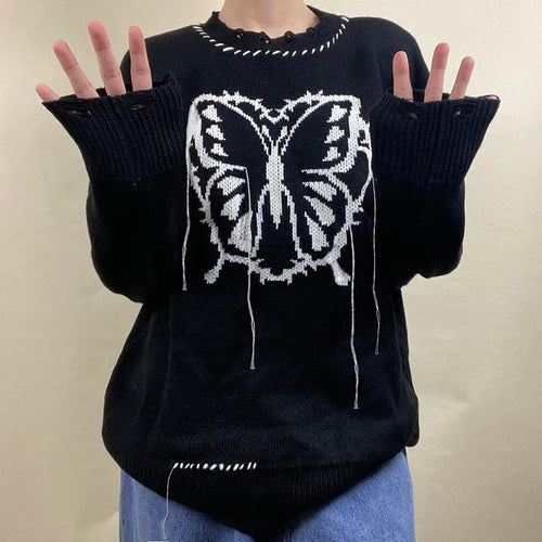 Load image into Gallery viewer, Butterfly Jacquard Loose Winter Sweater Women Grunge Hole Ripped Pullover Harajuku Academia Tassel Jumper
