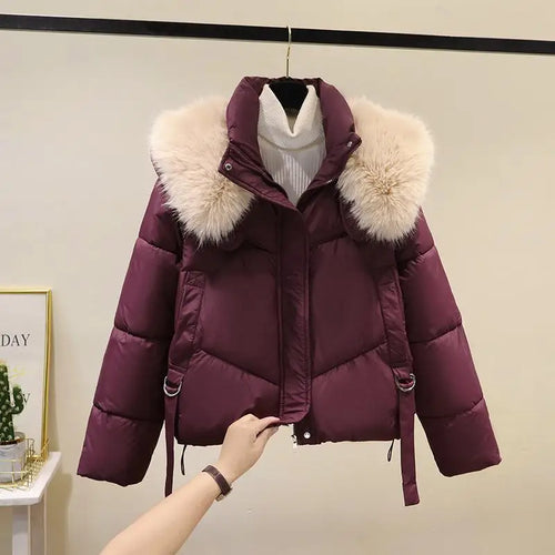 Load image into Gallery viewer, Korean Version 2024 New Casual Solid Hooded Fur Neck Short Cotton Padded Jacket Winter Retro Zipper Bread Down Thick Coat Street
