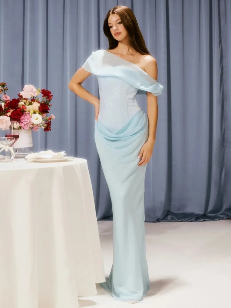 Elegant Mesh Patchwork Off Shoulder Bodycon Women Party Evening Dress 2025 Spring New Maxi Vestidos Sexy Backless Dress