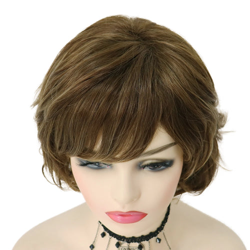 Load image into Gallery viewer, Short Curly Wig with Bangs Synthetic Hair Mommy Wigs Brown Color Natural Hairstyles Layered Mix Brown Wigs for Women Daily Wear
