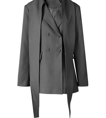 Women Red Double Breasted Ribbon Elegant Blazer New Lapel Long Sleeve Jacket Fashion Tide Spring Autumn 2025 CPDB326