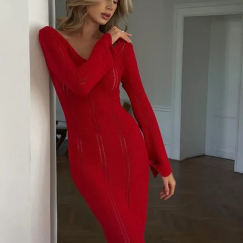 Load image into Gallery viewer, Elegant Knitted Sweater Long Sleeved V-neck Dress Women Slim Hollow Out Female Vesidos Party Club Evening Dress Vacation
