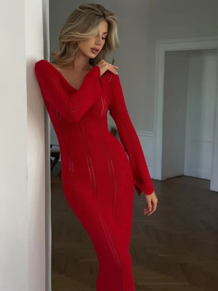Elegant Knitted Sweater Long Sleeved V-neck Dress Women Slim Hollow Out Female Vesidos Party Club Evening Dress Vacation