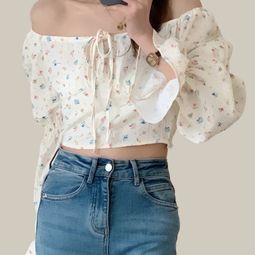 Load image into Gallery viewer, Hollow Bow Slash Neck Printed Women Blouse Spring Long Sleeve Elegant Fashion Female Streetwear Outfits Slim Chic Blouses
