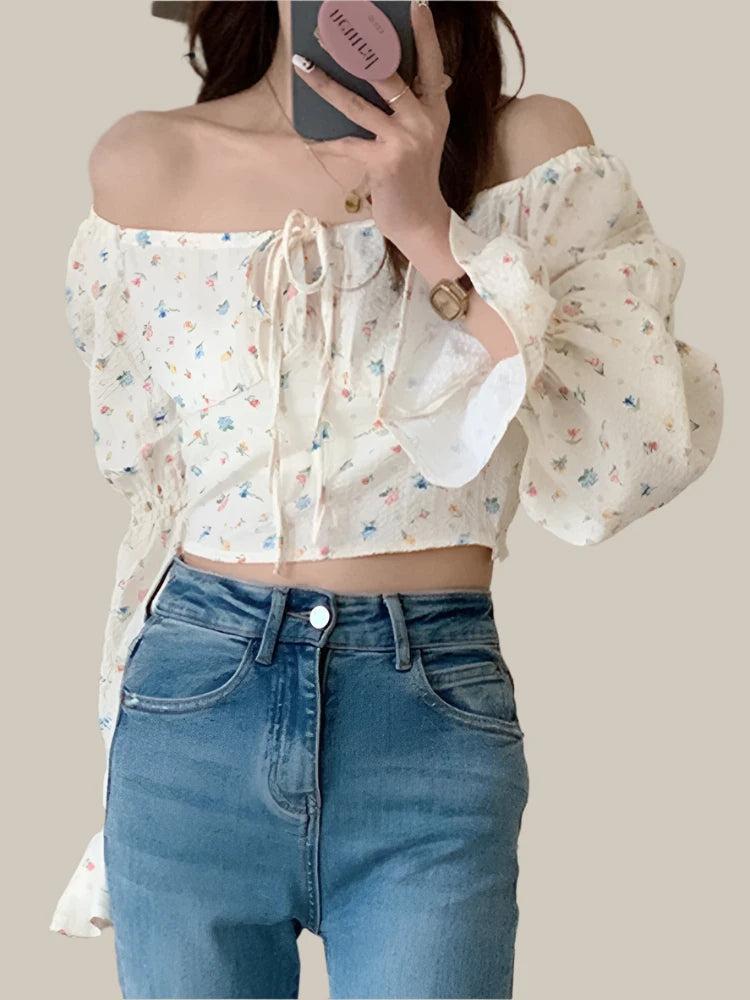 Hollow Bow Slash Neck Printed Women Blouse Spring Long Sleeve Elegant Fashion Female Streetwear Outfits Slim Chic Blouses