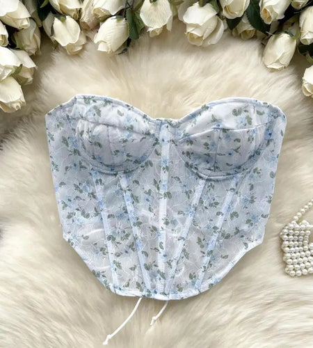 French Vintage Bohemian Summer Elegant Print Sexy Club Strapless Lace-up Short Tops Women Backless Fashion Irregular Clothes New