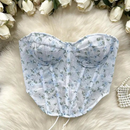 Load image into Gallery viewer, French Vintage Bohemian Summer Elegant Print Sexy Club Strapless Lace-up Short Tops Women Backless Fashion Irregular Clothes New
