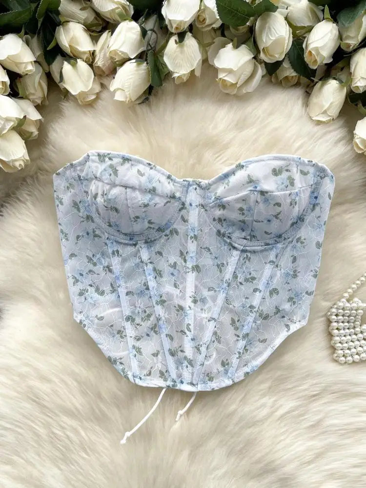 French Vintage Bohemian Summer Elegant Print Sexy Club Strapless Lace-up Short Tops Women Backless Fashion Irregular Clothes New