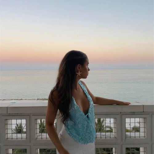 Load image into Gallery viewer, Halter Deep V Neck Sexy Crop Tops Women Sequins Beach Club Tank Tops Female Summer New Holiday Party Cropped Tops
