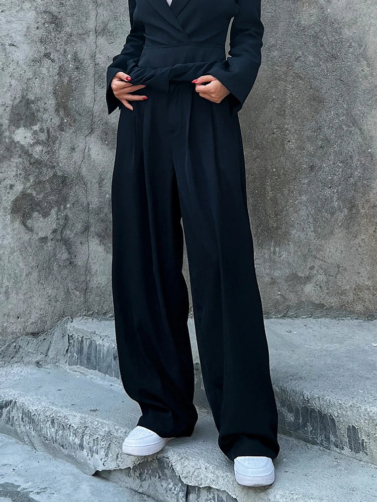 Patchwork Ruched Wide Leg Pants For Women High Waist Solid Minimalist Loose Autumn Trousers Female Fashion Clothing