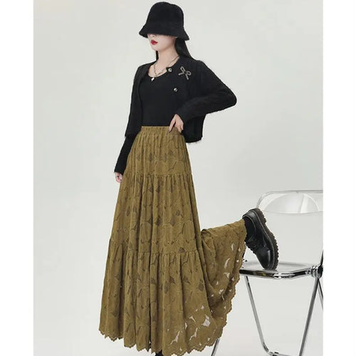 Load image into Gallery viewer, French Women Solid Velvet Lace Elegant Vacation Pleated Long Skirt 2024 Autumn Winter New High Waist Party Skirt Fashion Popular
