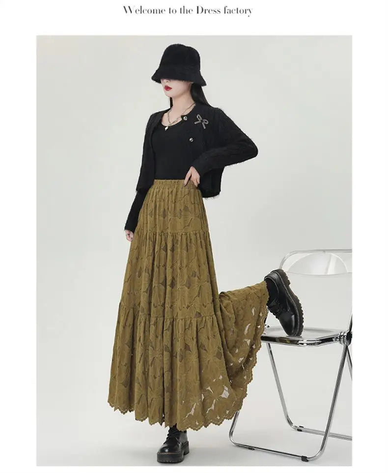 French Women Solid Velvet Lace Elegant Vacation Pleated Long Skirt 2024 Autumn Winter New High Waist Party Skirt Fashion Popular