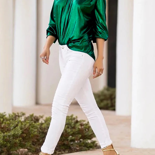 Load image into Gallery viewer, Women Shiny Shirt Blouse 2025 Spring Summer Three-quarter Sleeves High-neck Casual Green Black Tee Shirt Tops for Lady
