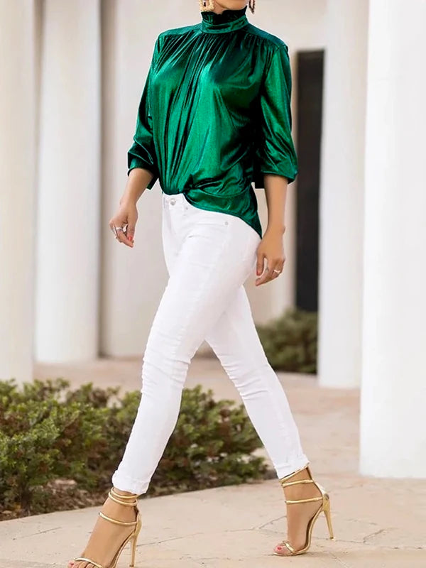 Women Shiny Shirt Blouse 2025 Spring Summer Three-quarter Sleeves High-neck Casual Green Black Tee Shirt Tops for Lady