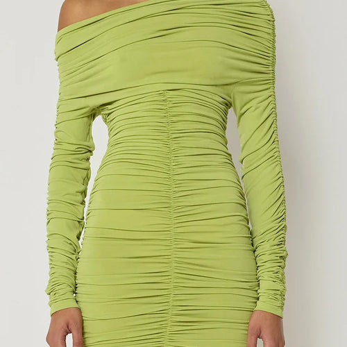 Load image into Gallery viewer, Inclined Shoulder Long Sleeve Sexy Mini Dress For Women Autumn New Fashion Backless Ruched Bodycon Party Sexy Dress
