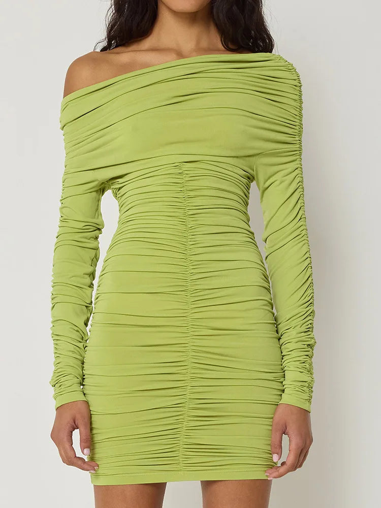 Inclined Shoulder Long Sleeve Sexy Mini Dress For Women Autumn New Fashion Backless Ruched Bodycon Party Sexy Dress