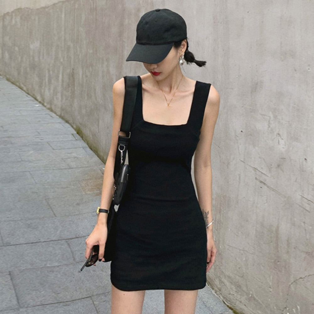 Minimalist Summer Dresses For Women Sauare Collar Sleeveless High Waist Mini Slim Dress Female Fashion Clothing