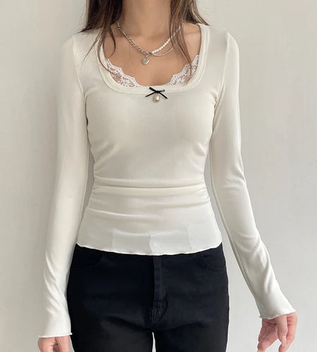 Casual White Cutecore Fitness Women T-shirts Bow Coquette Clothing Lace Trim Basic Autumn Top Tee Korean Sweats Shirt