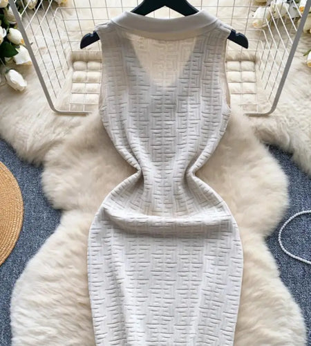 Summer Beige V-neck Sleeveless Slim Knitted Sexy Mini Dresses Women Korean Fashion Button Wrap Hip Short Dress Office 2024 New