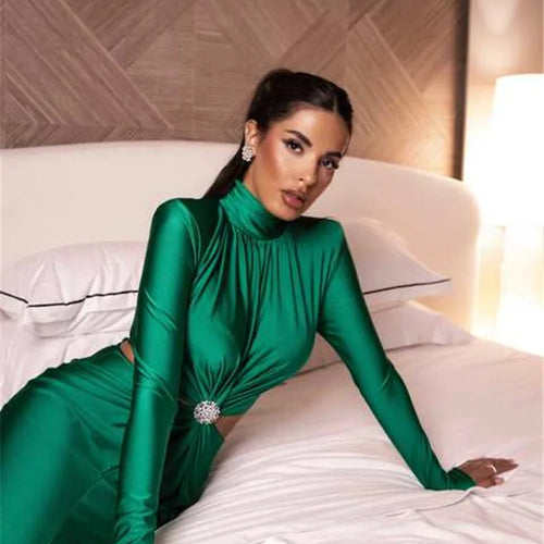 Load image into Gallery viewer, Elegant Hollow Out Sexy Maxi Dress For Women Autumn Winter New Turtleneck Long Sleeve Bodycon Club Party Evening Dress
