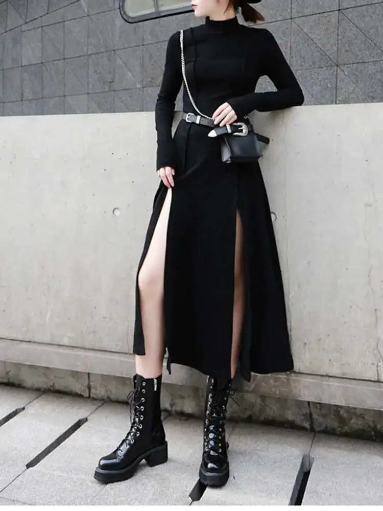 Women Red Hem Slit Long Irregular Dress New Turtleneck Long Sleeve Loose Fit Fashion Tide Spring Autumn 2025 1DF4817