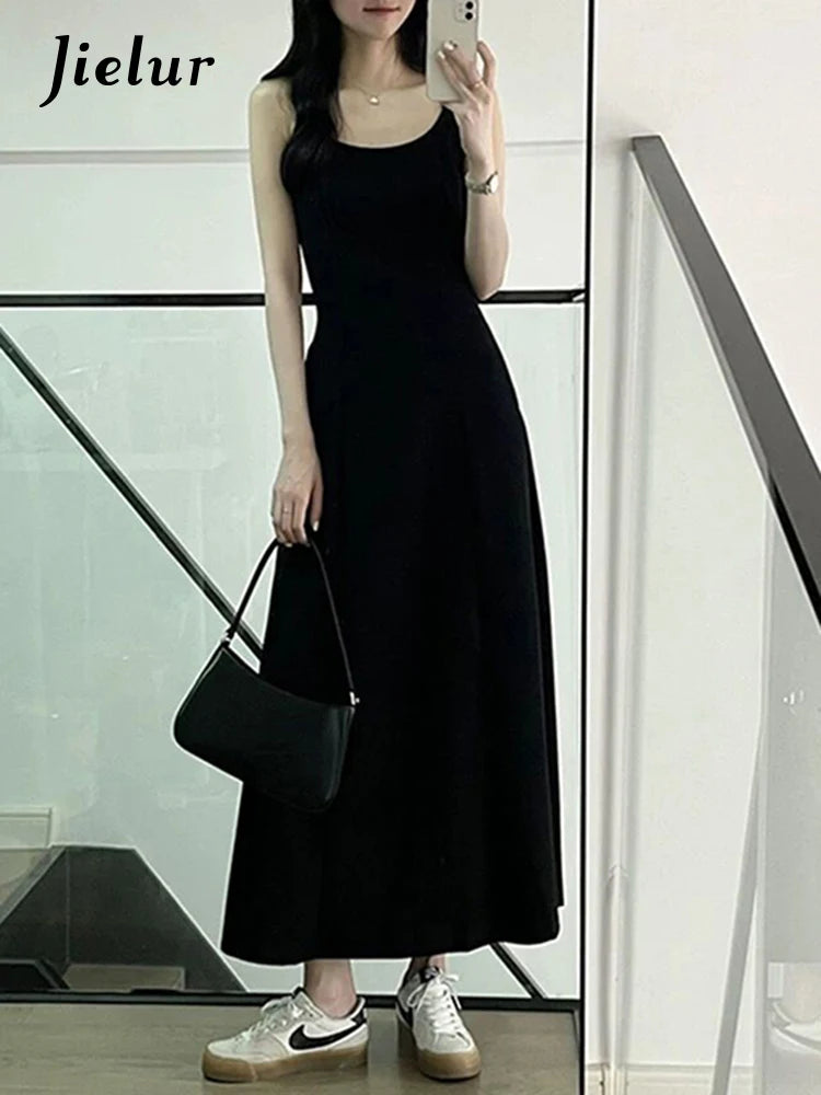 Pure Color Spaghetti Strap Women's Dresses French Style Black Sleeveless Fashion Female Maxi Dress Summer Office Ladies