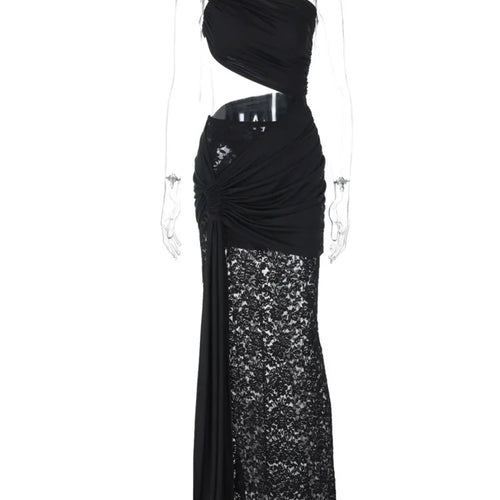 Load image into Gallery viewer, Hollow Out Lace Draped Sexy Maxi Dress For Women Gown Fashion One Shoulder Sleeveless Backless Bodycon Long Dress
