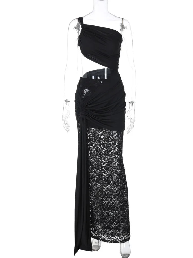 Hollow Out Lace Draped Sexy Maxi Dress For Women Gown Fashion One Shoulder Sleeveless Backless Bodycon Long Dress