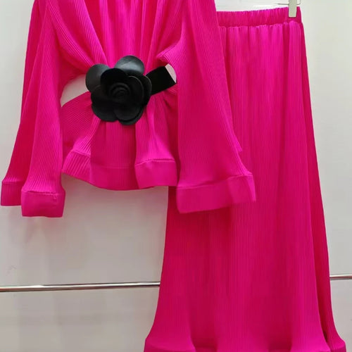 Load image into Gallery viewer, Hit Color Spliced Belt Two Piece Set For Women O Neck Long Sleeve Top High Wait Slimming Skirt Sets Female Fashion
