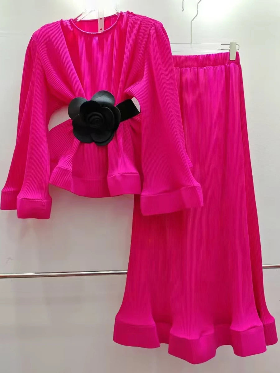 Hit Color Spliced Belt Two Piece Set For Women O Neck Long Sleeve Top High Wait Slimming Skirt Sets Female Fashion