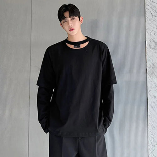 Load image into Gallery viewer, Personality Men&#39;s T-shirts Hollow Out Round Collar Long Sleeve Male Tops Solid Color Casual Tees Stylish Summer 9C6411
