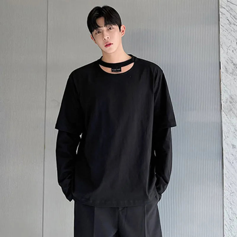 Personality Men's T-shirts Hollow Out Round Collar Long Sleeve Male Tops Solid Color Casual Tees Stylish Summer 9C6411