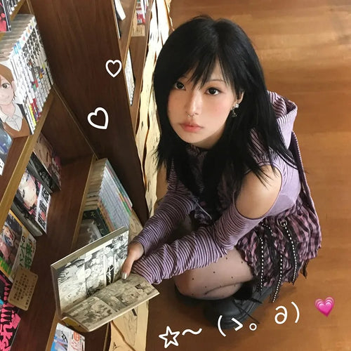 Load image into Gallery viewer, Japanese Y2k Hooded T-shirt Vintage 2000s Style Rabbit Ears Tops Harajuku Purple Striped Hollow Out Tops Grunge Lolita
