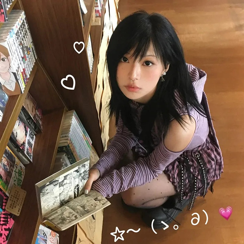 Japanese Y2k Hooded T-shirt Vintage 2000s Style Rabbit Ears Tops Harajuku Purple Striped Hollow Out Tops Grunge Lolita