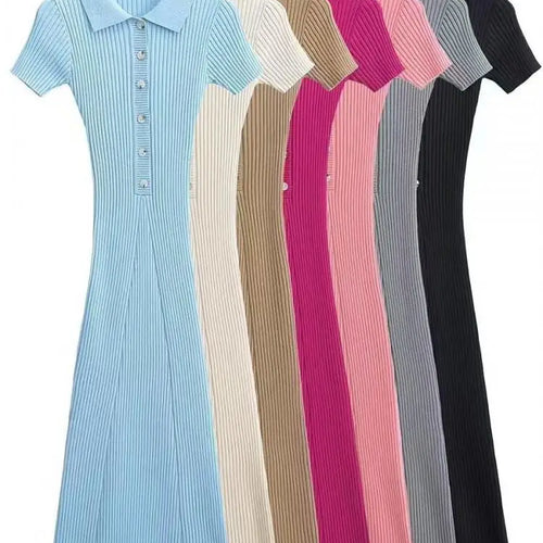 Load image into Gallery viewer, Korean Version Solid Polo Collar Single Breasted Knitted Long Dress Women's Summer Elegant Slim Short Sleeve Wrapped Hip Dresses

