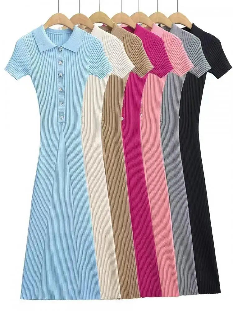 Korean Version Solid Polo Collar Single Breasted Knitted Long Dress Women's Summer Elegant Slim Short Sleeve Wrapped Hip Dresses
